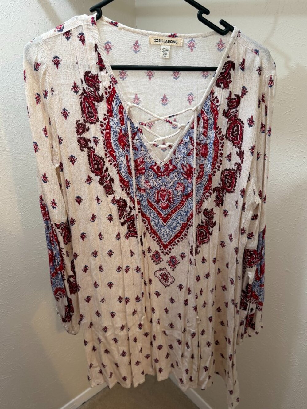 Billabong Just Like You Paisley Boho Lace-Up Tunic Mini Dress - Size M